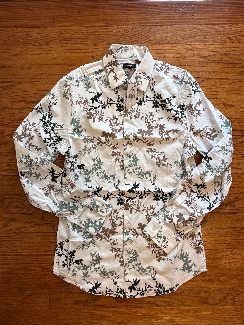 Express White Floral-Print Long Sleeve Button-Down Shirt